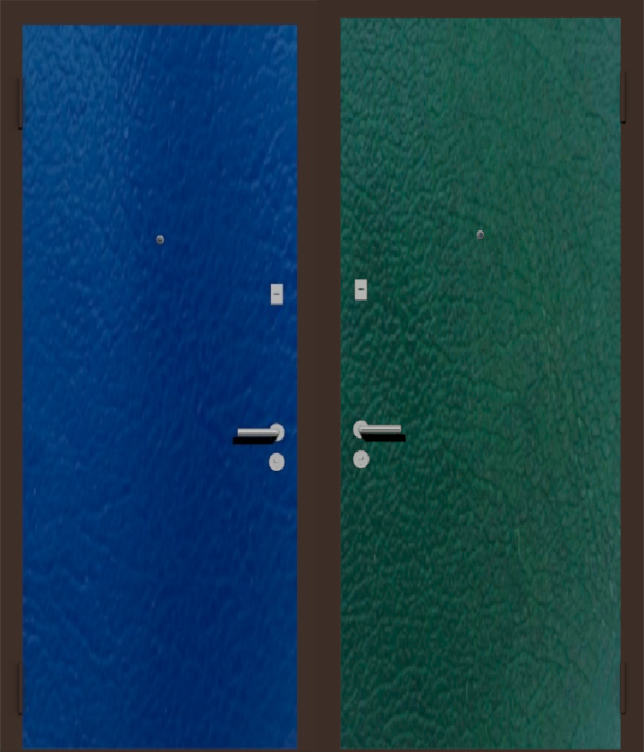 Дешевая входная металлическая дверь с отделкой винилискожа синяя и зеленая